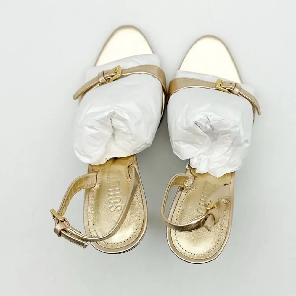 SCHUTZ Womens Aurora Sling Heeled Sandals Size 7.5 Platina Gold Stiletto NWOB
